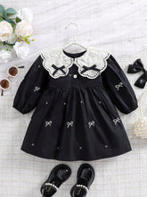 1pc Girls Embroidered Floral Dress With Ruffled Collar, Loose Elegant Casual Midi Dress With Bow, Spring/Summer/Autumn